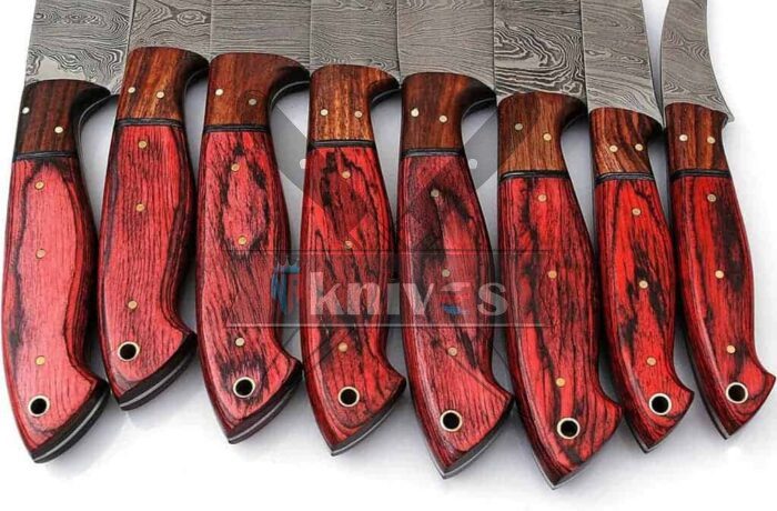 Custom-Handmade-Damascus-Steel-Chef-Kitchen-Knife-Set-With-Walnut-Wood-And-Red-Wood-Handle