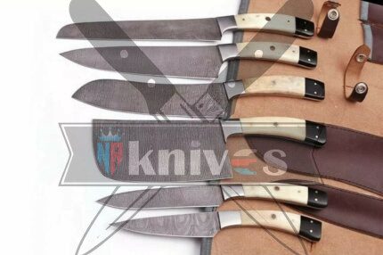 Custom-Handmade-Damascus-Steel-Chef-Kitchen-Knives-Set-With-Leather-Sheath-Kit