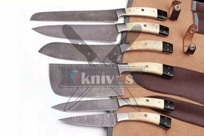 Custom-Handmade-Damascus-Steel-Chef-Kitchen-Knives-Set-With-Leather-Sheath-Kit