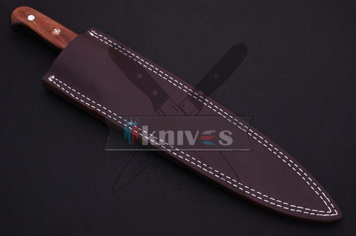 Custom Handmade Kitchen Knife With Rose Wood Handle With Free Leather Sheath