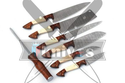 Custom Handmade Kitchen Knives Set With Rose Wood And Camel Bone Handle