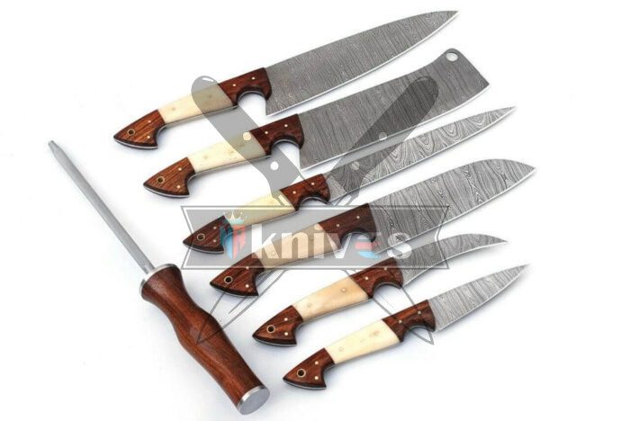 Custom Handmade Kitchen Knives Set With Rose Wood And Camel Bone Handle