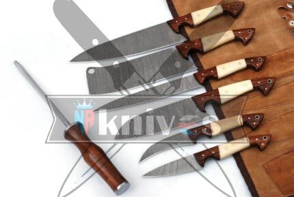 Custom Kitchen Knives Set With Rose Wood And Camel Bone Handle