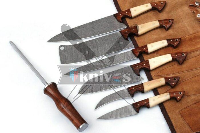 Custom Kitchen Knives Set With Rose Wood And Camel Bone Handle