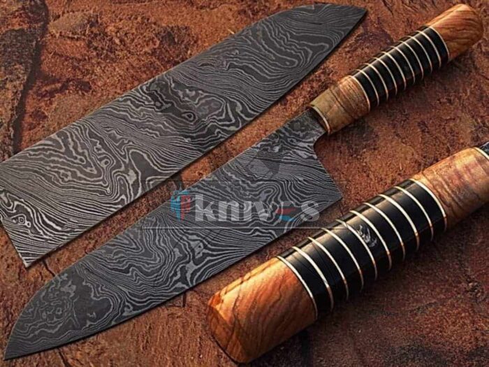 Custom Santoku Kitchen Knife Buffalo Horn Spacer Handle