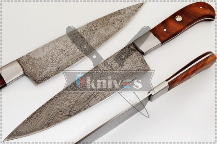 Damascus Steel Blade Chef Kitchen Knife With Rose Wood Handle