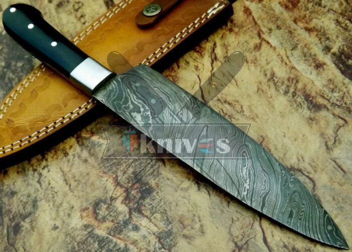 Damascus Steel Chef Kitchen Knife With Black Micarta Handle