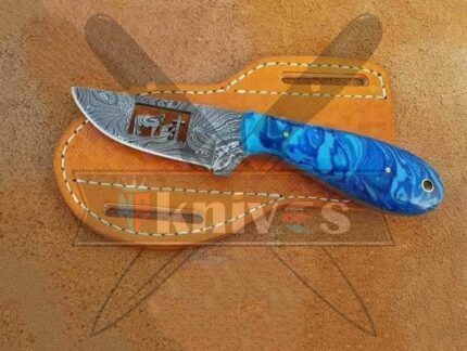 Damascus Steel Cowboy Knife With Blue Resin Handle