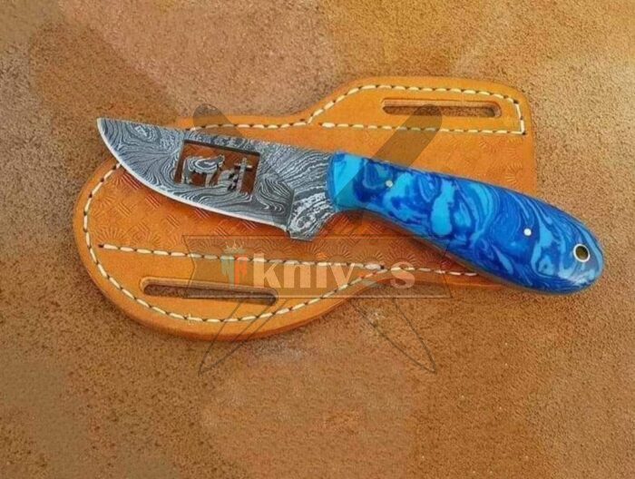 Damascus Steel Cowboy Knife With Blue Resin Handle