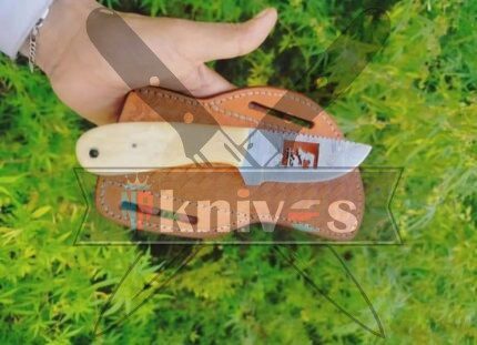 Damascus Steel Cowboy Knife With Camel Bone Handle