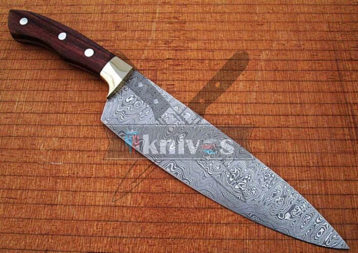 Handmade Damascus Steel Blade Chef Kitchen Knife With Rose Wood Handle