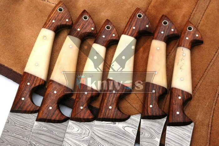 Kitchen Knives Set With Rose Wood And Camel Bone Handle