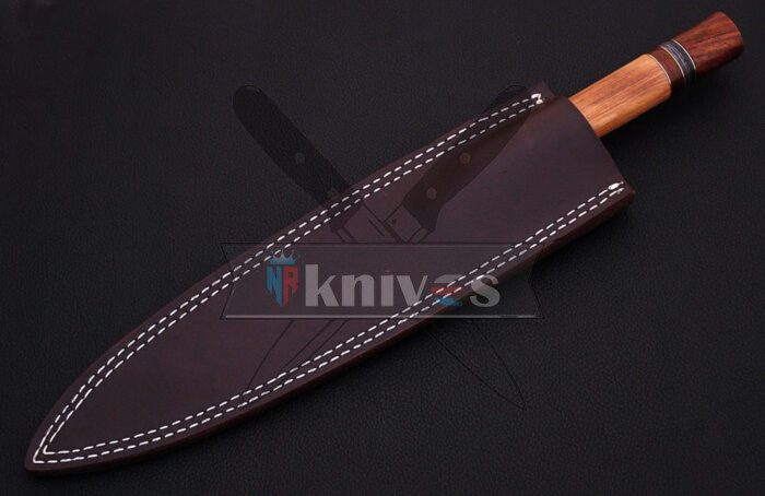 Santoku Chef Kitchen Knife With Beautiful Olive Wood Handle With Free Leather Sheath